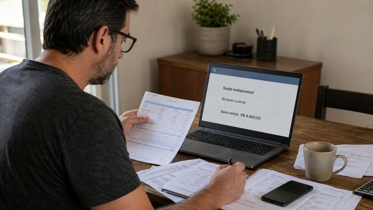 Bloqueio judicial de conta exibido no notebook