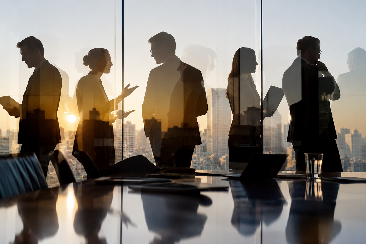 cinco executivos reunidos em uma sala no topo de um prédio