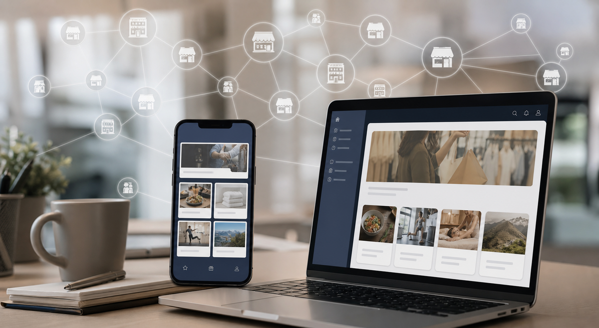 Notebook e smartphone exibem plataforma digital de benefícios conectada a uma rede de parceiros comerciais.