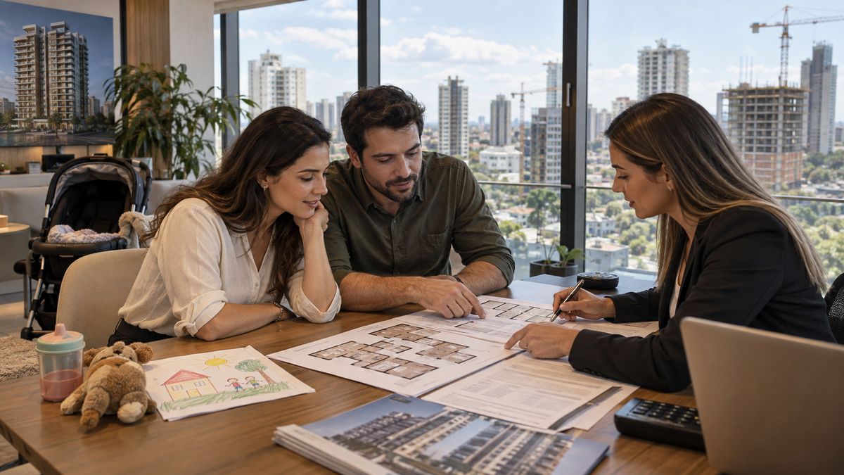 Casal analisa planta de apartamento com corretora, diante de prédios residenciais em construção.