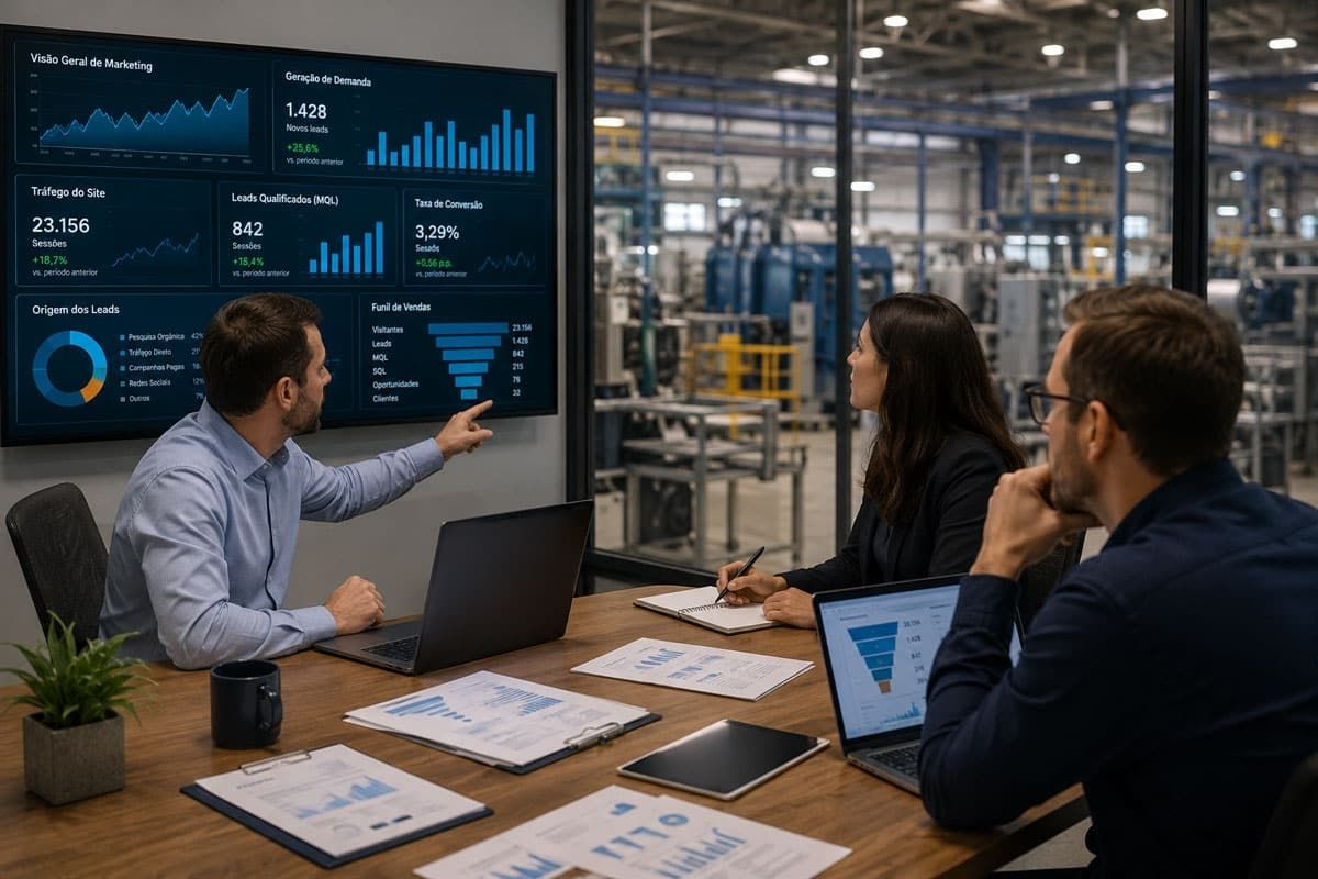Equipe avalia marketing industrial, geração de demanda e apoio a vendas